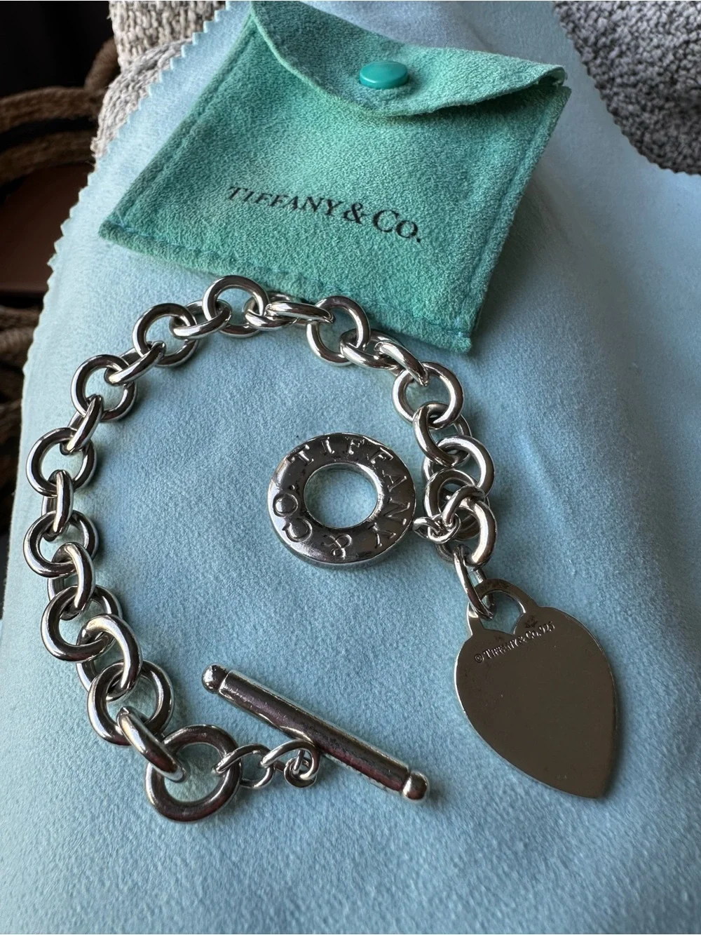 Tiffany & Co. Silver Heart Toggle Charm Bracelet - Teal Pouch